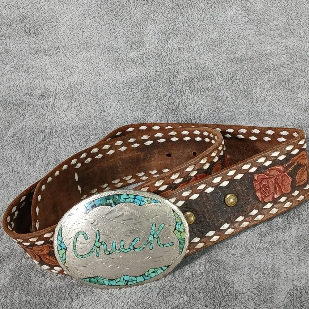 Vintage Dale Western Belt & Buckle Mens Floral Tooled Leather Inlay Chip 